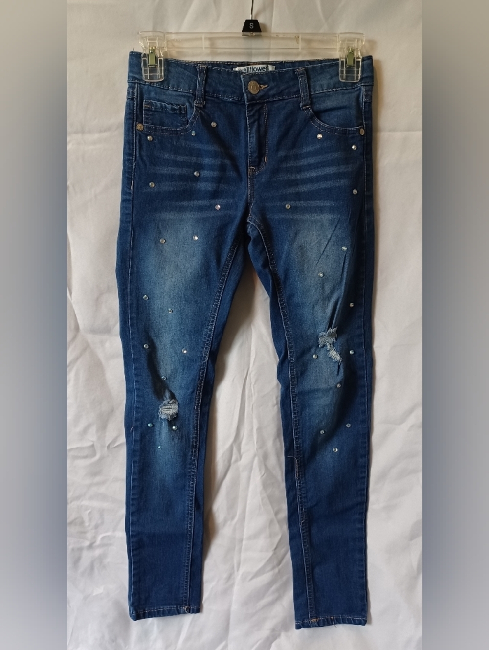 Wallflower Girl Dark Fade Blue Distressed Skinny Jeans with Rhinestone Accents